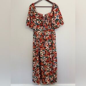 Women’s Bright Multicolor Floral 3X Maxi Dress Puff Sleeve Milkmaid Coquette